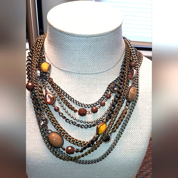 Ann Taylor Loft Multi-Strand Chains Necklace Rhinestones & Faux Gems 💎 20"long - Picture 1 of 5
